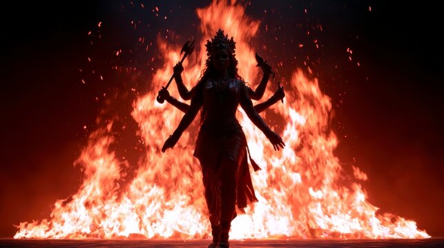 A fiery scene depicting a multi-armed figure silhouetted against blazing flames, evoking themes of mythology and ritual.