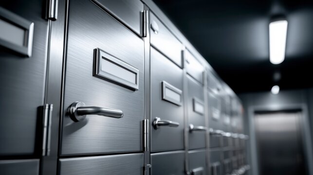 Row of modern metallic lockers with handles and label slots in a dimly lit corridor.