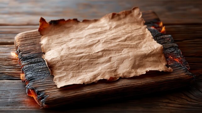 A piece of aged, torn parchment lies on a wooden board with burnt edges, creating a rustic and mysterious atmosphere.