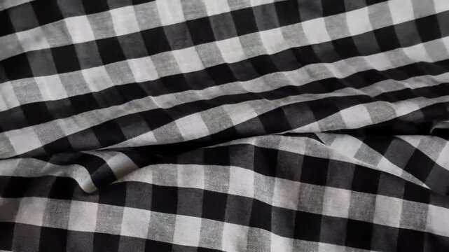 Black and White Gingham Plaid Fabric Texture with Crumpled and Wrinkled Chequered Cotton Pattern Background