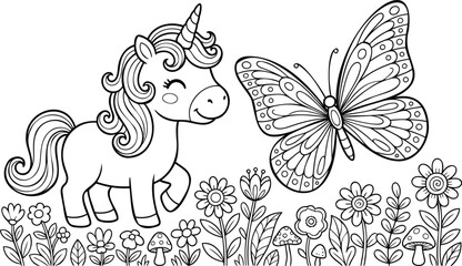 Fototapeta premium Black and white line of a unicorn and a giant butterfly with floral patterns line unicorn