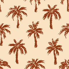Fototapeta premium Seamless pattern with hand drawn palm trees in retro style. Muted beige and brown tones create a calm summer resort mood. Tile like layout with simple geometric structure. Perfect for textiles apparel
