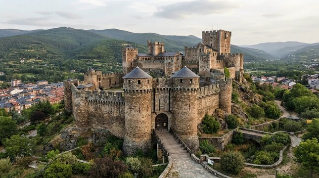 Long narrow ship-shaped Penafiel Castle fortress on a limestone ridge, historic Castilian stronghold, dramatic landscape, Spain travel, no people, 8k.