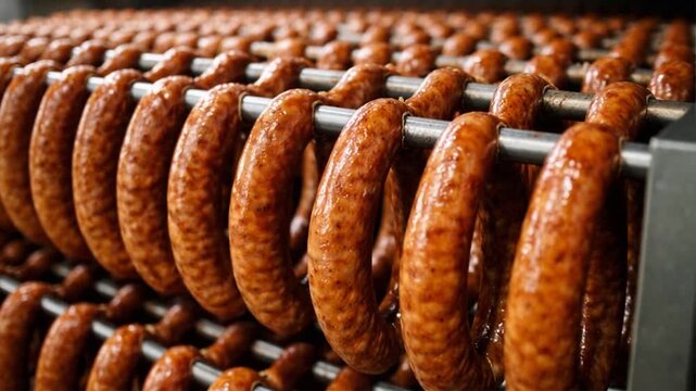 Industrial sausage production line in factory