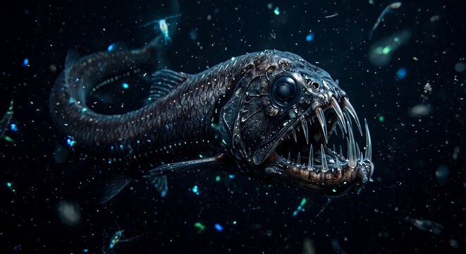 A terrifying deep sea dragonfish swimming through the dark ocean with sharp teeth.