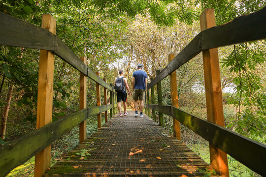 Two men walking across a wooden bridge on a mountain trail