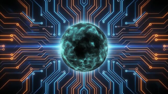 A glowing digital energy core surrounded by circuit patterns, symbolizing advanced technology, artificial intelligence, and computational networks.