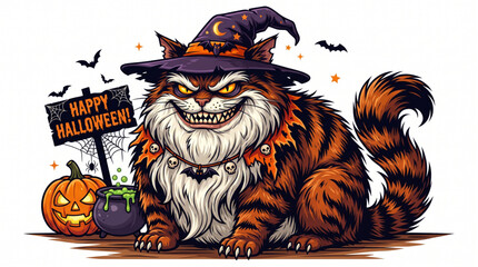 Spooky Happy Halloween Grinning Wizard Cat with Cauldron and Pumpkin Vector Illustration