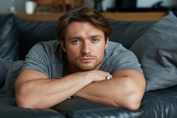 Obraz premium Man relaxing on a sofa with arms crossed in a room