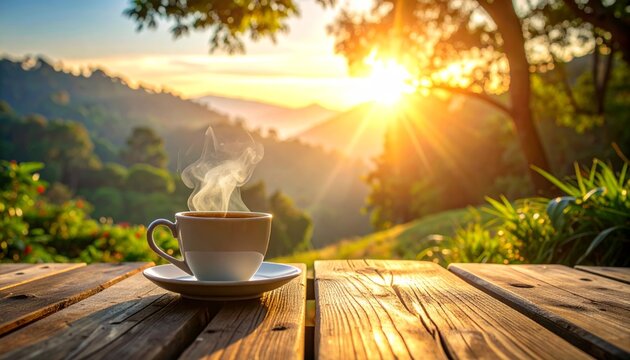 Steaming cup of coffee on wooden table overlooking serene sunrise landscape.