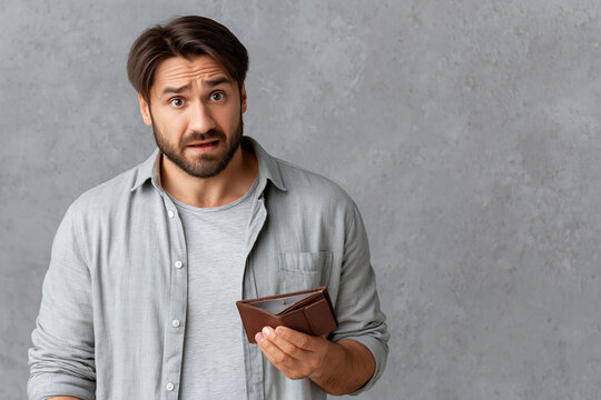 Man looks confused while holding empty wallet