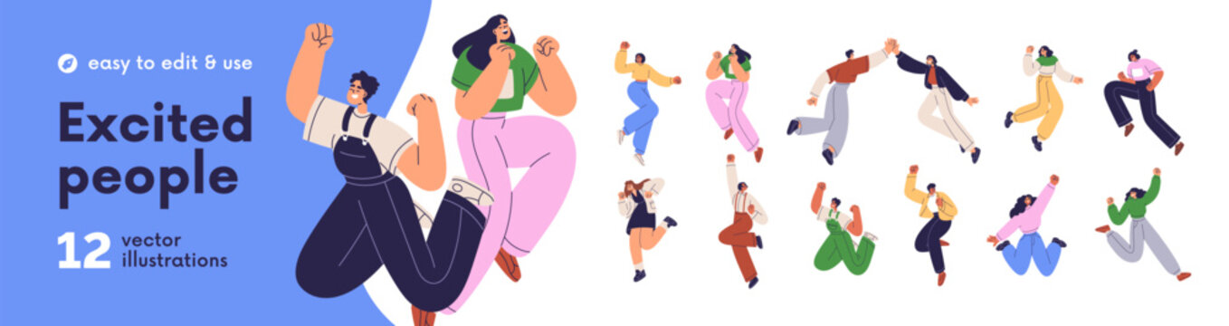 Excited people jumping, celebrating success set. Happy male and female characters in energetic poses. Positive, joyful men and women having fun. Flat vector illustrations isolated on white background