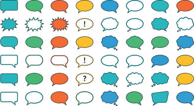 Speech bubble icons set with geometric shapes and flat colors. Vector collection of colorful talk balloons, comic shout boxes, thought clouds, and chat dialog elements on a white background