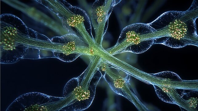 Microscopic view of Nitella algae under darkfield illumination.