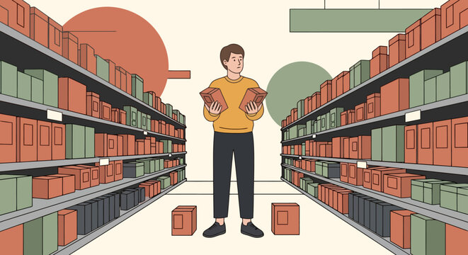 Confused man comparing products in supermarket aisle vector illustration. Shopper choosing between two boxes on grocery store shelves.