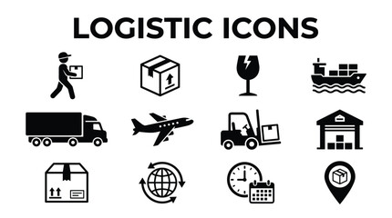 Fototapeta premium Black logistic and shipping industry flat icon set.