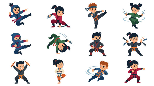 Cute Cartoon Ninja Kids in Action Poses: Martial Arts, Karate, and Ninjutsu