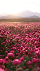 Obraz premium Serene magenta clover field meets distant peaks bathed in golden sunset light peaceful landscape