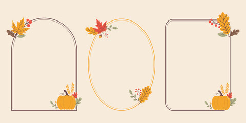 Autumn Botanical Frames Set. Minimal Fall Borders with Leaves © evalinavectors