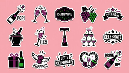 Set of festive champagne and party celebration stickers featuring wine bottles glasses and grapes isolated on a soft pink background as a digital vector illustration for holiday design. © SWEET