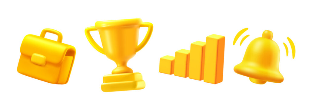 Golden 3d business icons set, realistic gold winner trophy cup, financial growth bar chart graph, corporate briefcase and notification alert bell vector collection isolated on white