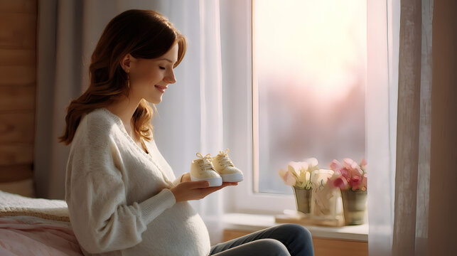 Happy pregnant woman sitting by the window, holding baby shoes and smiling, sunlight streaming in, cozy home atmosphere.