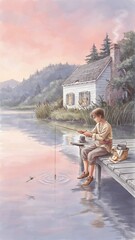 Fototapeta premium Serene young boy fishing at dock by lake at sunset, peaceful nature scene