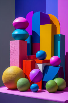 Abstract three-dimensional composition of colored different geometric shapes forms AI Generative
