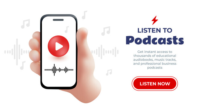 3d music streaming banner template, vector realistic hand holding smart phone with play button, music notes and audio wave with text for podcast