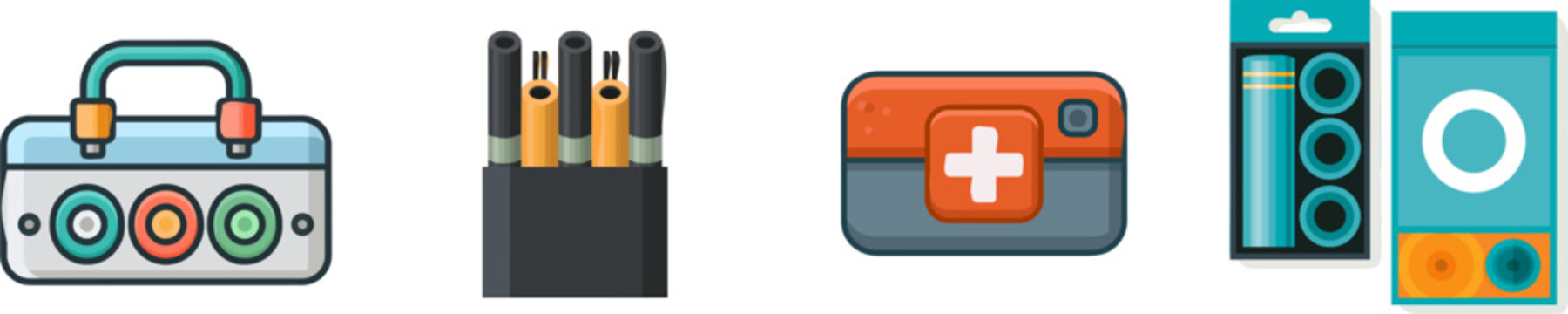 A minimalist flat vector icon of a small rubber tube patch kit box features clear outlines, solid colors, and a clean UI/UX design against a white background