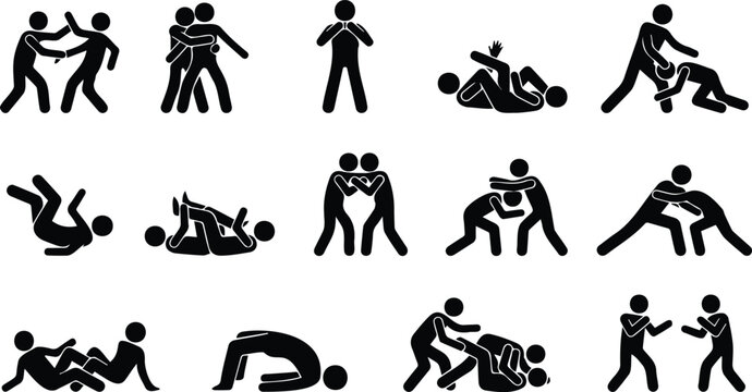 Martial Arts Self Defense and Grappling Icons Set with Black Stick Figures on White Background