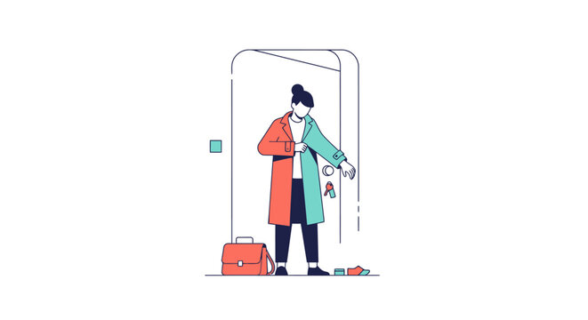 Woman standing at doorway with suitcase and dropped keys.