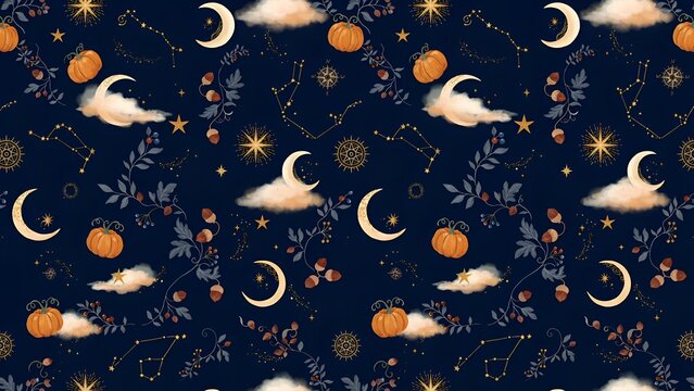 Autumnal Floral Ornament With Pumpkins Crescent Moons And Celestial Elements Pattern