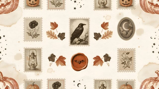 Vintage style floral ornament and halloween elements pattern with pumpkins and a raven
