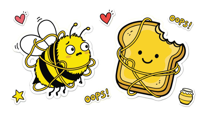 Adorable bumblebee and honey toast cartoon illustration.