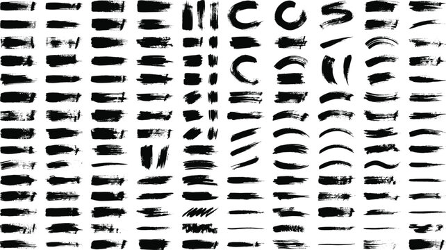 Big collection of black grunge brush strokes and ink textures. Hand drawn artistic paint marks and dry calligraphy lines for branding, graphic design, social media backgrounds