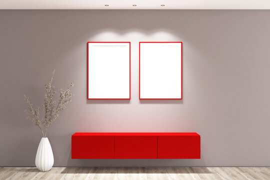 Minimalist Living Room Interior Mockup with Floating Wooden Credenza and Blank Picture Red Frames. 40