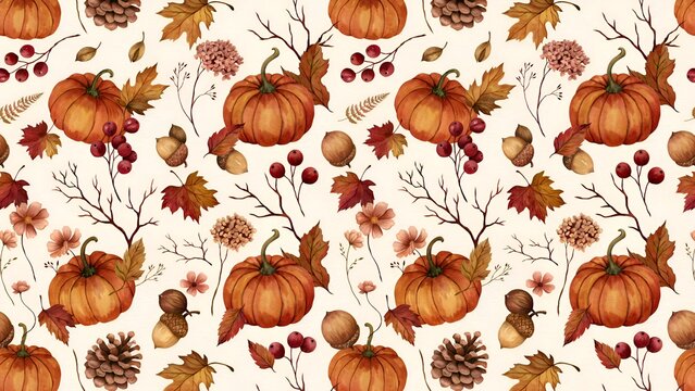 Autumnal pumpkin and foliage watercolor pattern with acorns and pinecones autumn