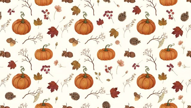 Autumnal floral ornament featuring pumpkins maple leaves and berries in watercolor style