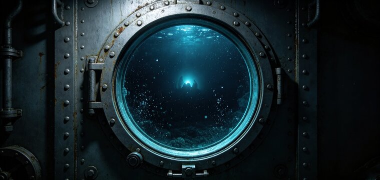 Vintage metal submarine porthole window looking out into dark deep blue underwater ocean, Fits underwater adventure presentation slides, sci-fi movie backdrops, nautical mystery game templates.