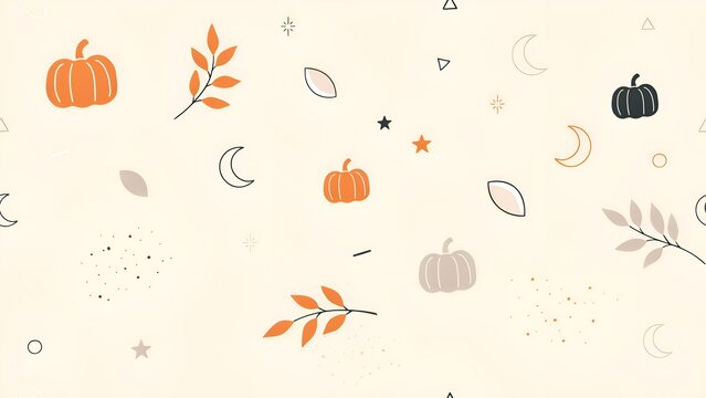 Autumnal Pumpkins And Foliage Pattern A Flat Vector Illustration On A Beige Background