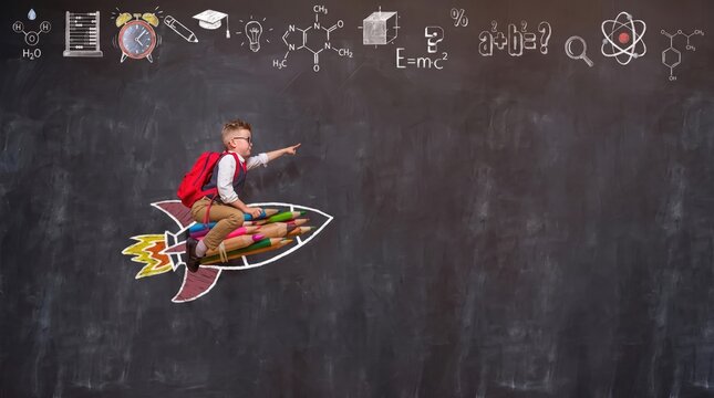 Young boy with glasses and backpack sitting on colorful chalk pencils rocket drawing on blackboard with scientific with pointing towards scientific mathematical symbols drawn classroom blackboard