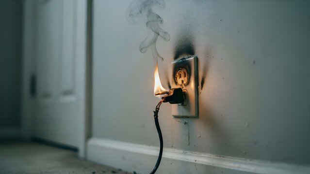 Burning electrical plug in wall socket damaged wiring indoor safety hazard photo