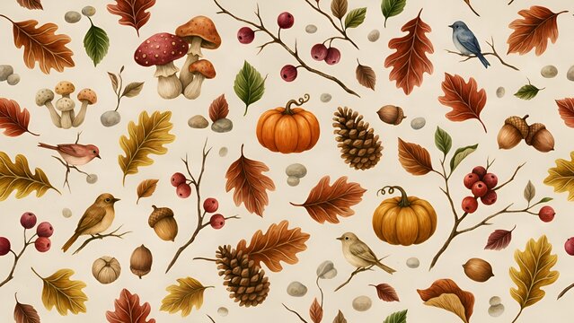 Autumnal Floral Ornament With Pumpkins Mushrooms Birds And Oak Leaves Watercolor Style