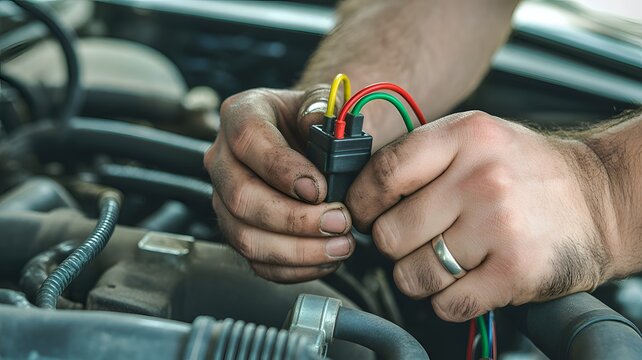 Automotive electrical connector with multi colored wires being held by a mechanic s hands