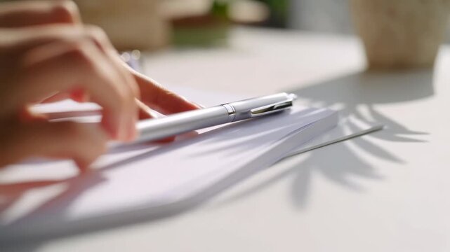 Fingertips reaching for silver pen resting on stacked white notepad beside potted plant in sunlit desk scene, with soft shadows, calm workspace mood, and clean minimal styling