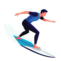 Fototapeta premium Stylized illustration of a man in a wetsuit surfing a wave, captured from a side profile with a clean, minimalist aesthetic and a vibrant blue and white color scheme