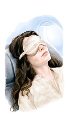 Naklejka premium Relaxed Traveler Watercolor Illustration Serene Woman on Airplane Finding Peaceful Inflight Moments
