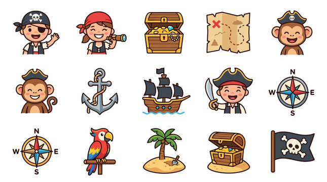 Cute Cartoon Pirate Crew Icons: Kids, Monkey, Parrot, Anchor, Compass