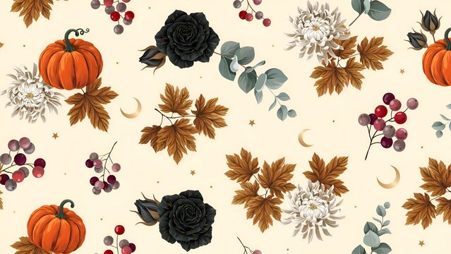 Autumn floral ornament with pumpkins roses and maple leaves on a cream background